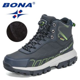 BONA 2022 New Designers Action Leather Winter Brand Snow Boots Men Super Warm Ankle Boots Man Plush Hiking Soft Boots Mansculino (Color: Deep blue F green, size: 10.5)