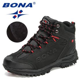 BONA 2022 New Designers Popular Hiking Boots Men Snow Warm Sneakers Man Padded Trekking Winter Action Leather High Top Footwear (Color: Charcoal grey red, size: 9.5)