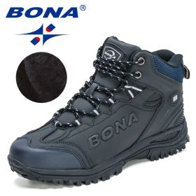 BONA 2022 New Designers Popular Hiking Boots Men Snow Warm Sneakers Man Padded Trekking Winter Action Leather High Top Footwear (Color: Deep blue S gray, size: 10.5)