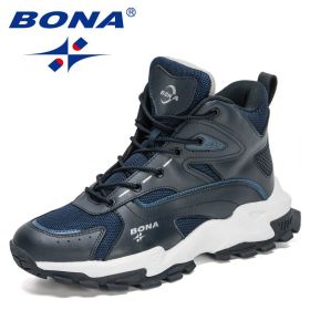 BONA 2022 New Designers Outdoor Mountain Desert Climbing Shoes Men Ankle Hiking Boots Man High Top Winter Boots Mansculino Comfy (Color: Deep blue S gray, size: 8.5)