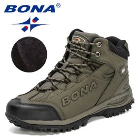 BONA 2022 New Designers Popular Hiking Boots Men Snow Warm Sneakers Man Padded Trekking Winter Action Leather High Top Footwear (Color: Army green S gray, size: 8)