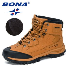 BONA 2022 New Designers Nubuck Hiking Shoes Men Non-Slip Outdoor Wear-Resistant Trekking Footwear Man High Top Plush Snow Boots (Color: Earth yellow black, size: 10.5)