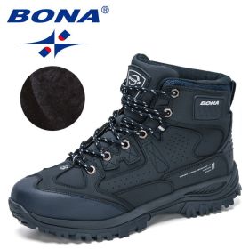 BONA 2022 New Designers Nubuck Hiking Shoes Men Non-Slip Outdoor Wear-Resistant Trekking Footwear Man High Top Plush Snow Boots (Color: Deep blue S gray, size: 9)