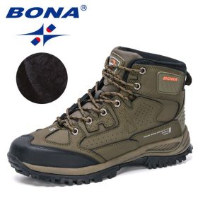 BONA 2022 New Designers Nubuck Hiking Shoes Men Non-Slip Outdoor Wear-Resistant Trekking Footwear Man High Top Plush Snow Boots (Color: Army green S gray, size: 8)