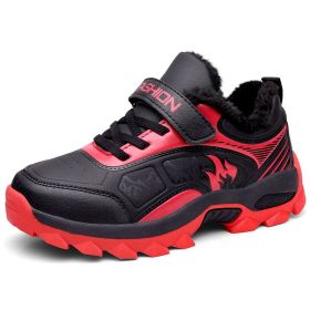 Winter Boots For Boys Anti-Skid Hiking Shoes Children Plus Fur Walking Climbing Sneakers Outdoor Sport Footwear Kids Snow Shoes (Color: Red kid shoes, size: 5.5)