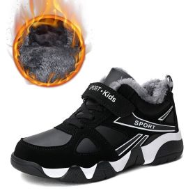 Kid Sneakers Outdoor Boots Plus Warm Fur Running Shoes Kids Waterproof Walking Children Hiking Sport Shoes Winter Shoes For Boys (Color: Black kids  shoes, size: 1)