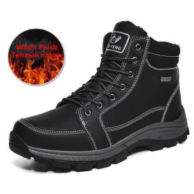 Brand Winter Leather Men Boots Plush Warm Men Snow Boots Outdoor Non-slip Hiking Boots Men Winter Shoes Men Sneakers Size 39-48 (Color: Plush Black, size: 9)