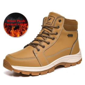 Brand Winter Leather Men Boots Plush Warm Men Snow Boots Outdoor Non-slip Hiking Boots Men Winter Shoes Men Sneakers Size 39-48 (Color: Plush Yellow, size: 12.5)